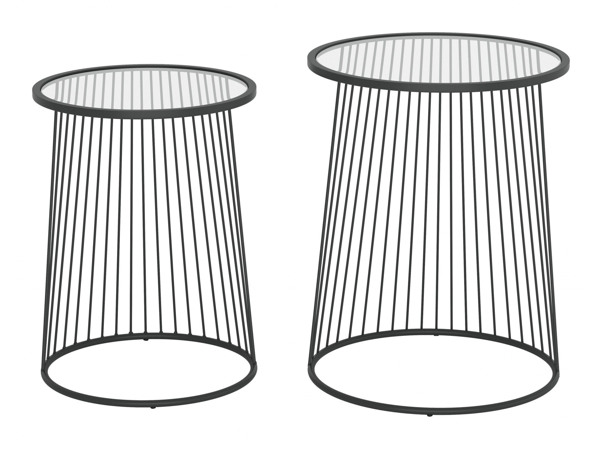 Stylish nesting tables featuring a clear tempered glass top and a sleek black steel base, perfect for small spaces.