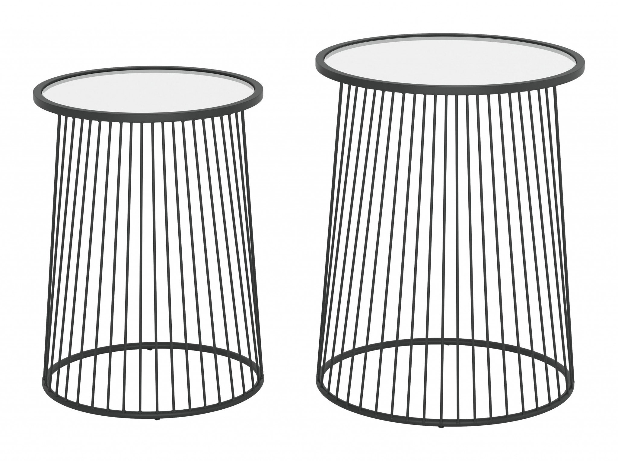 Stylish nesting tables featuring a clear tempered glass top and a sleek black steel base, perfect for small spaces.