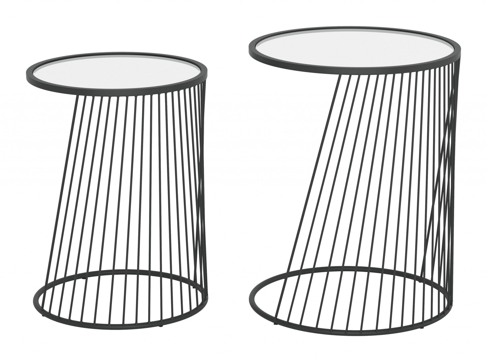 Stylish nesting tables featuring a clear tempered glass top and a sleek black steel base, perfect for small spaces.