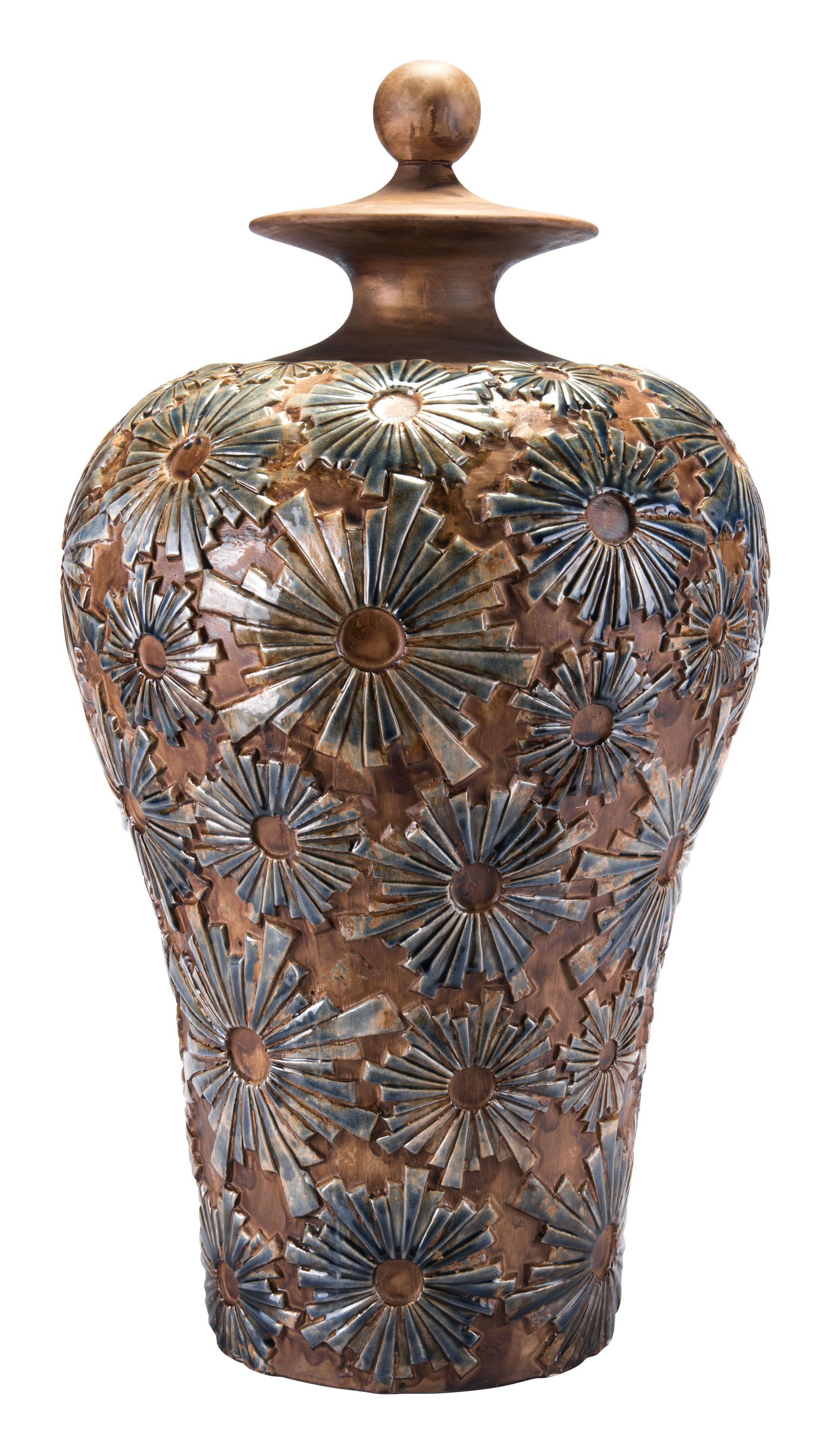 A large brown ceramic temple jar with intricate texture, perfect for home decor.