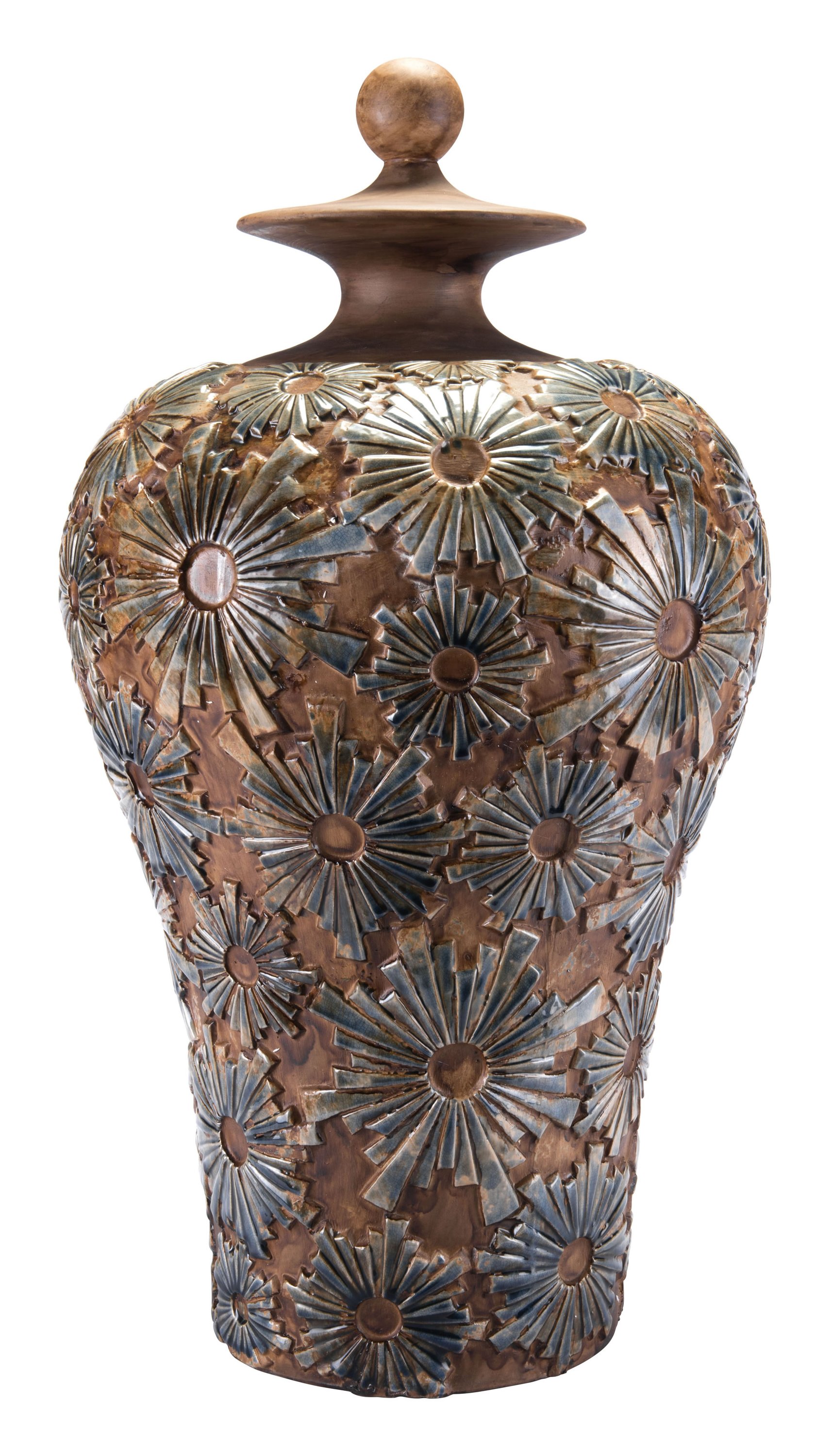 A large brown ceramic temple jar with intricate texture, perfect for home decor.