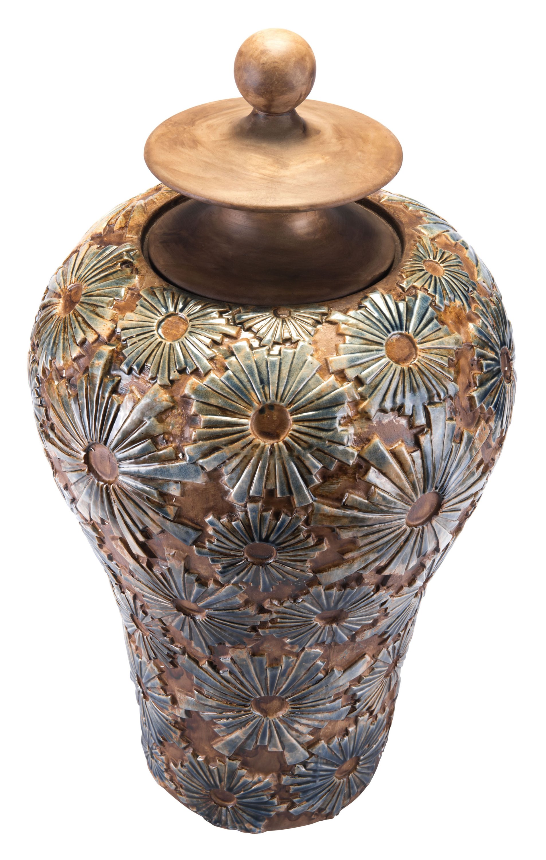 A large brown ceramic temple jar with intricate texture, perfect for home decor.