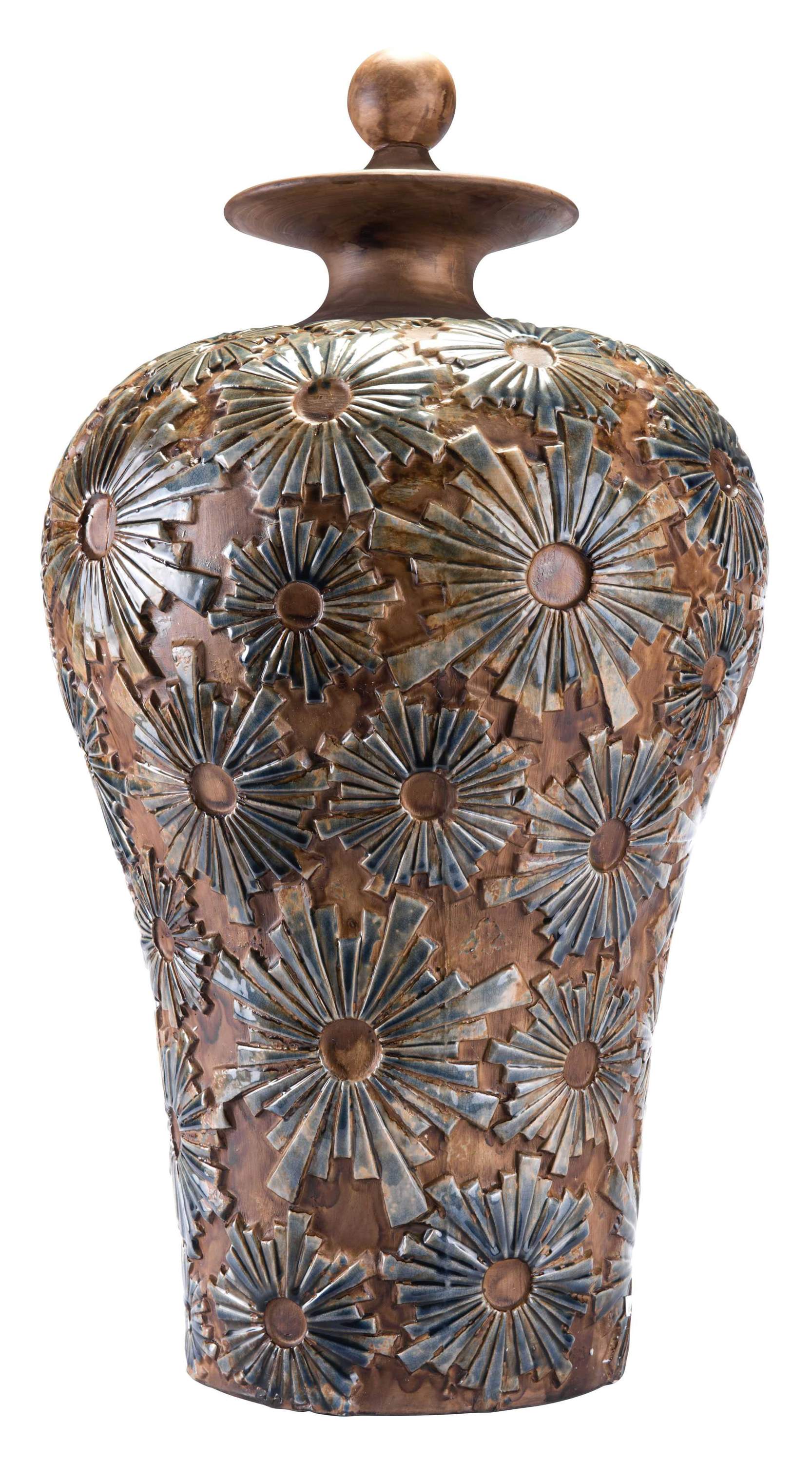 A large brown ceramic temple jar with intricate texture, perfect for home decor.