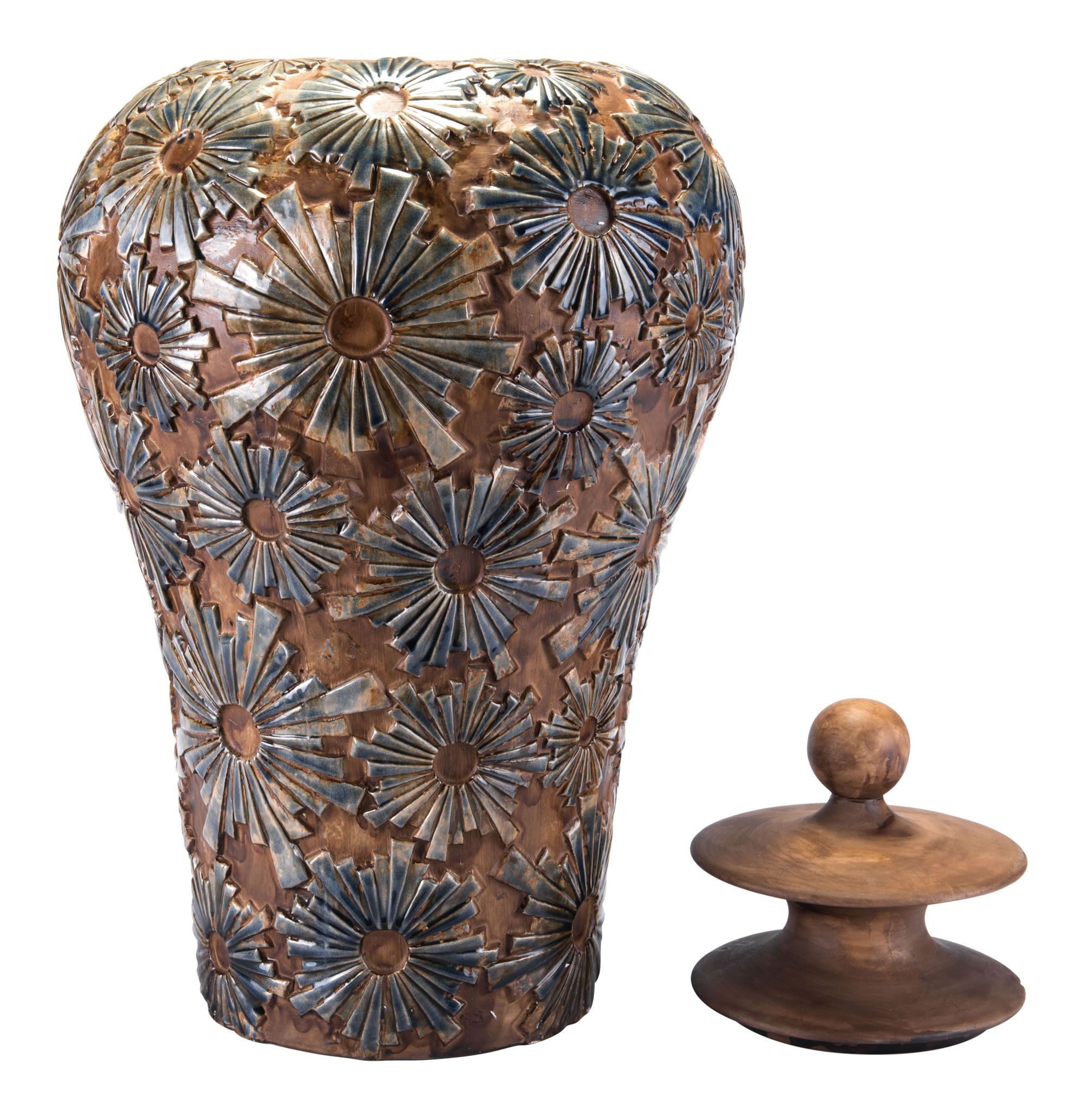 A large brown ceramic temple jar with intricate texture, perfect for home decor.