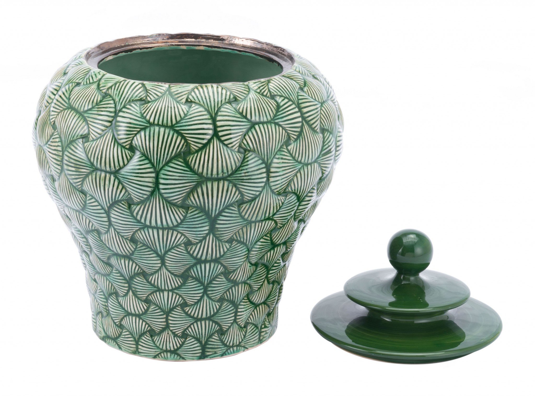 A beautiful green ceramic small temple jar with a textured pattern and architectural finial, perfect for modern home decor.