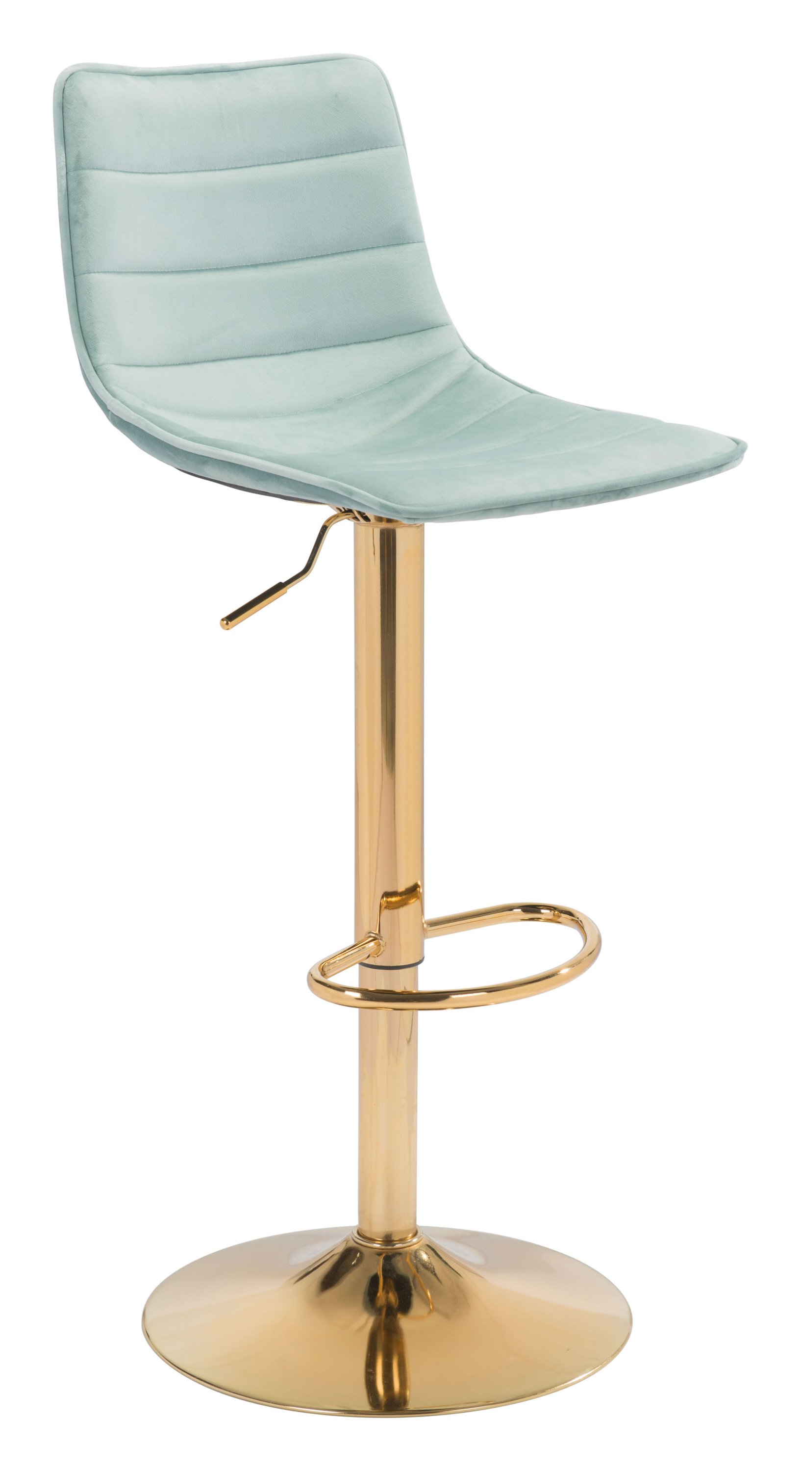 Elegant green and gold velvet barstool with soft upholstery and sturdy steel frame, perfect for stylish seating.