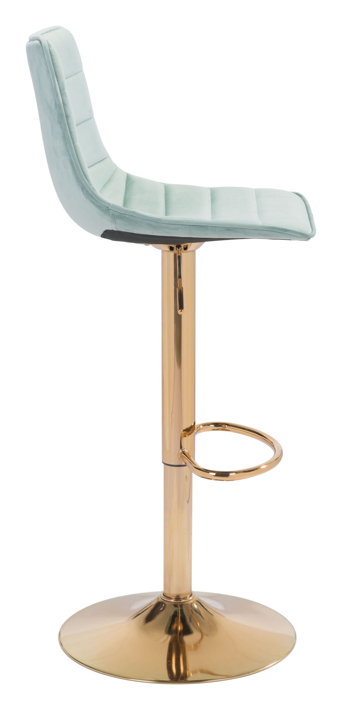 Elegant green and gold velvet barstool with soft upholstery and sturdy steel frame, perfect for stylish seating.