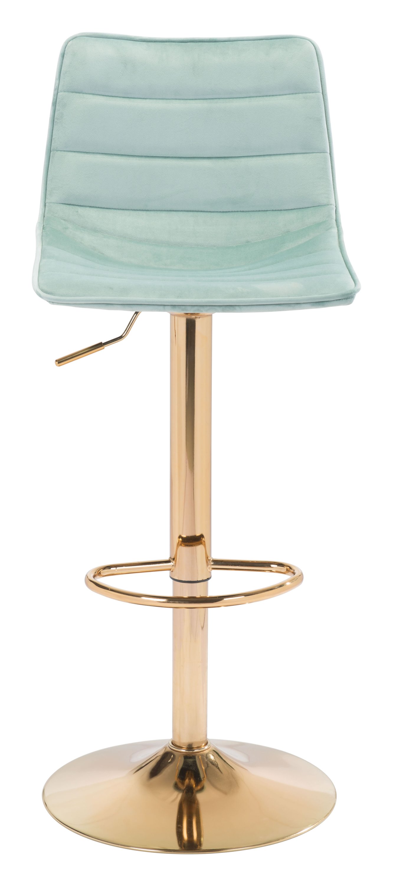 Elegant green and gold velvet barstool with soft upholstery and sturdy steel frame, perfect for stylish seating.