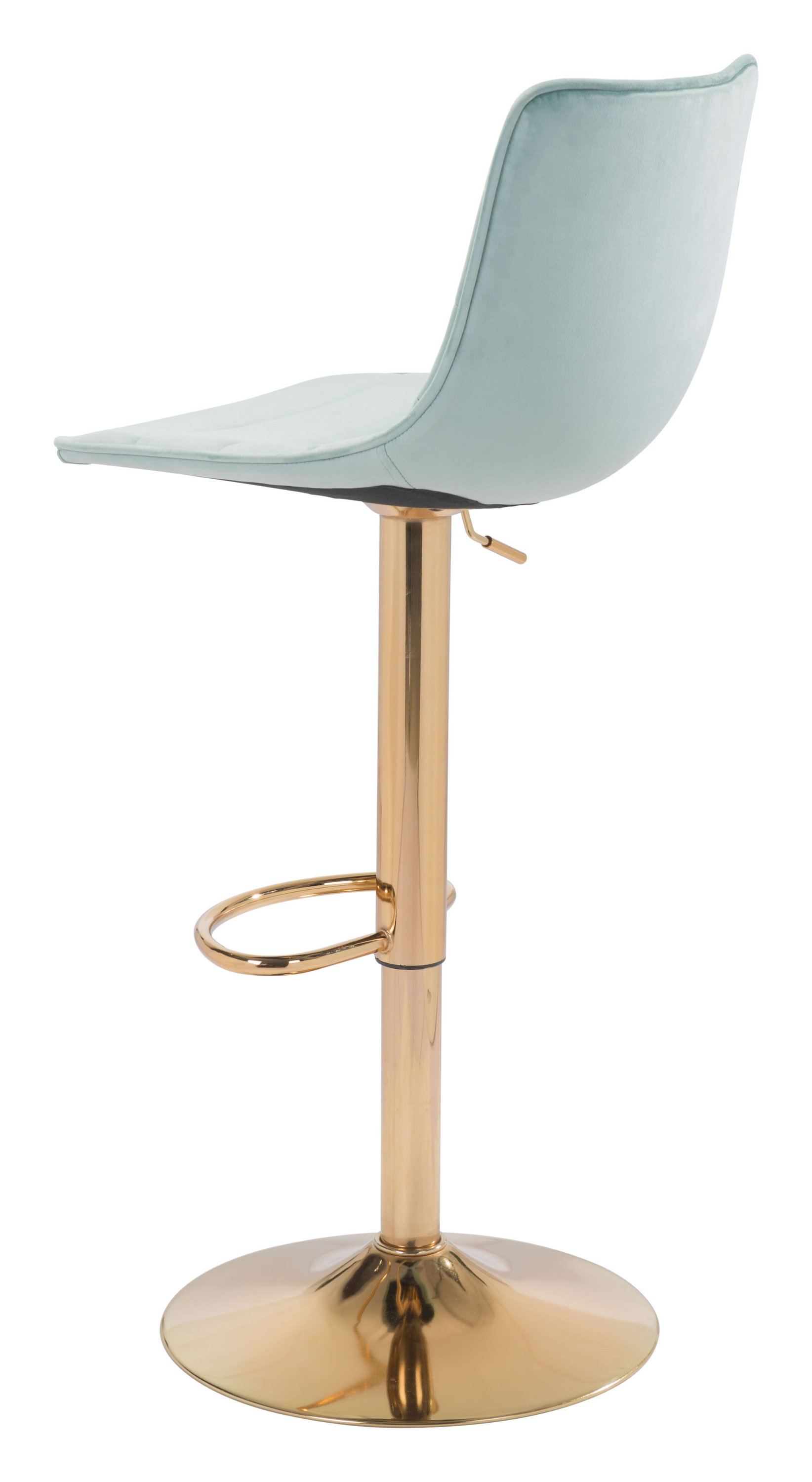 Elegant green and gold velvet barstool with soft upholstery and sturdy steel frame, perfect for stylish seating.