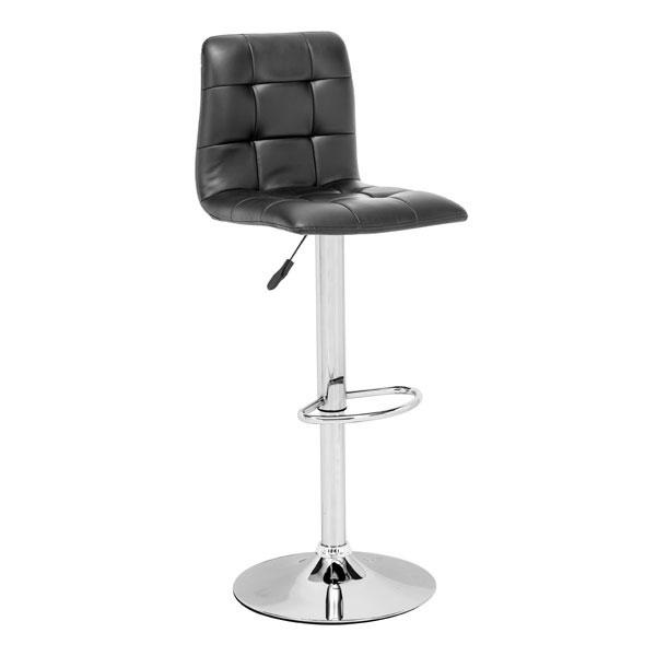 Stylish black leatherette bar chair with a chromed steel base and adjustable height, perfect for modern kitchens and bars.