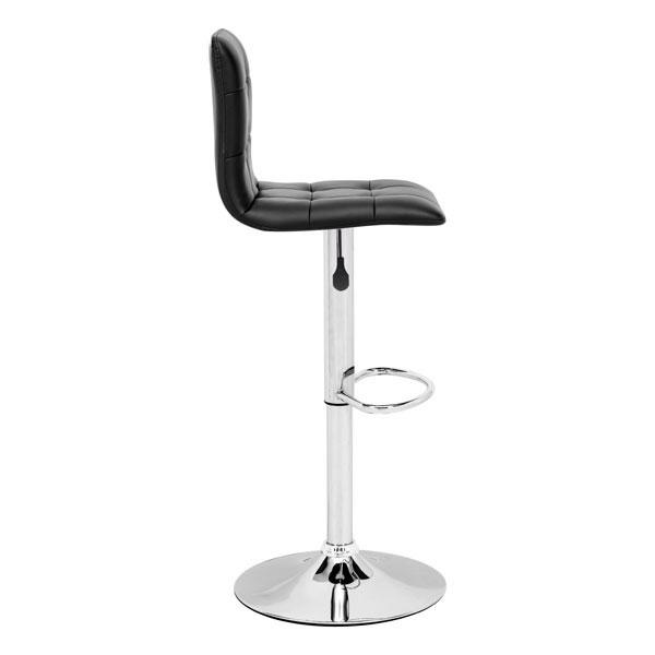 Stylish black leatherette bar chair with a chromed steel base and adjustable height, perfect for modern kitchens and bars.