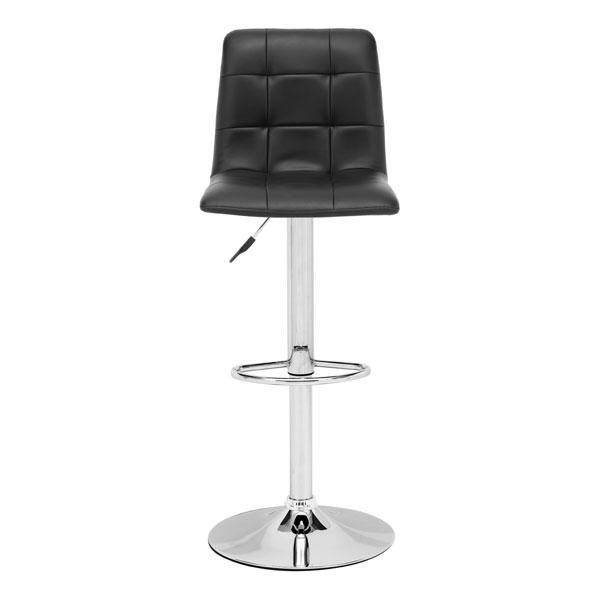 Stylish black leatherette bar chair with a chromed steel base and adjustable height, perfect for modern kitchens and bars.