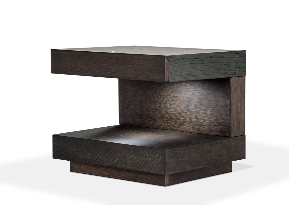 16-inch Brown Oak Veneer Nightstand with padded headboard and LED light, showcasing its elegant design and storage capabilities.