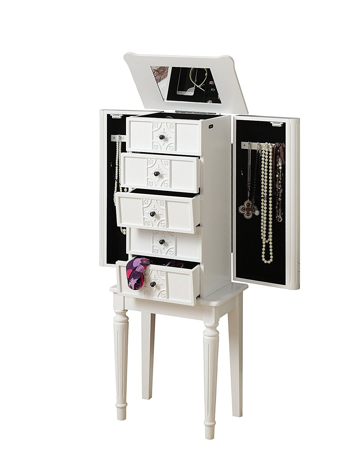 Elegant silver mirror jewelry armoire with five drawers and side hooks, showcasing a stylish design and raised mirror.