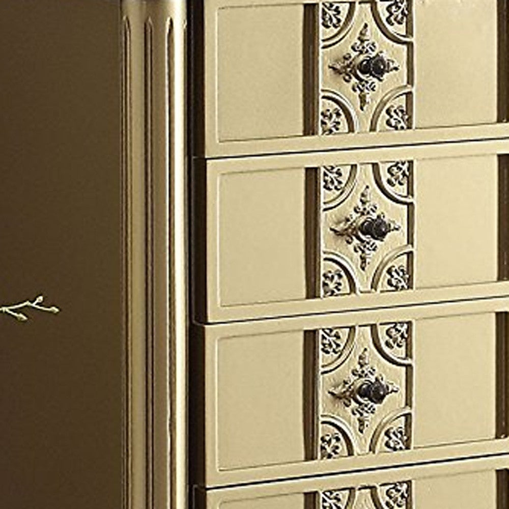 Elegant silver mirror jewelry armoire with five drawers and side hooks, showcasing a stylish design and raised mirror.