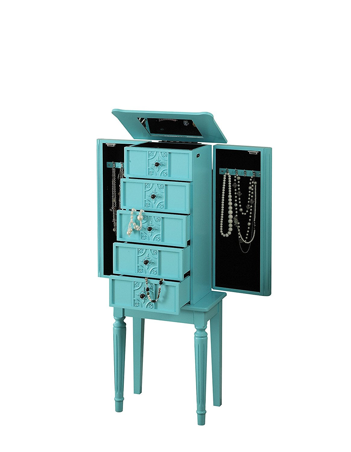 Elegant silver mirror jewelry armoire with five drawers and side hooks, showcasing a stylish design and raised mirror.