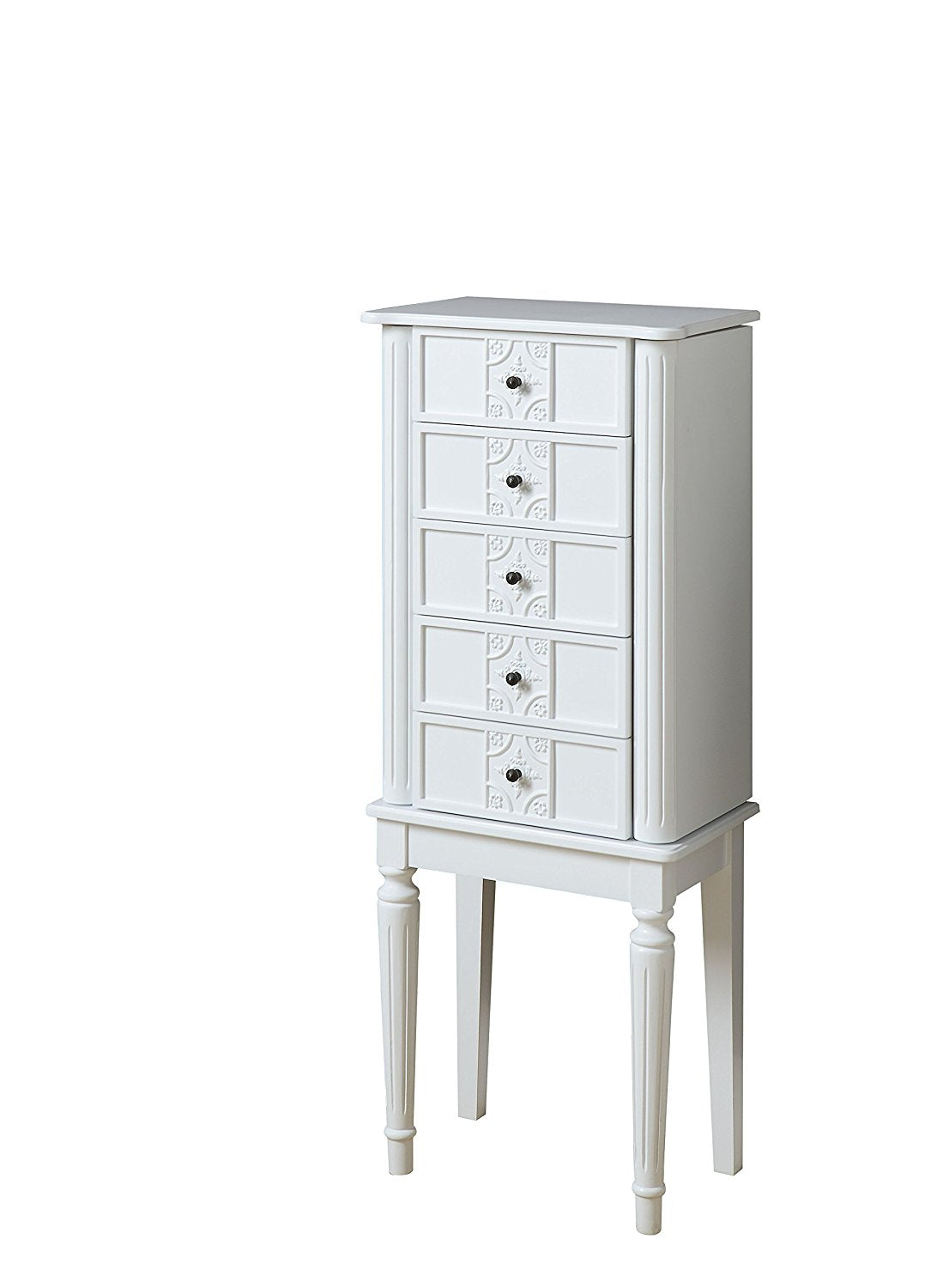 Elegant silver mirror jewelry armoire with five drawers and side hooks, showcasing a stylish design and raised mirror.