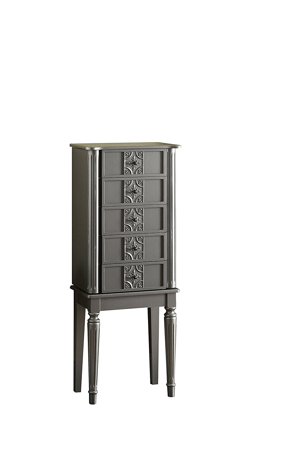 Elegant silver mirror jewelry armoire with five drawers and side hooks, showcasing a stylish design and raised mirror.