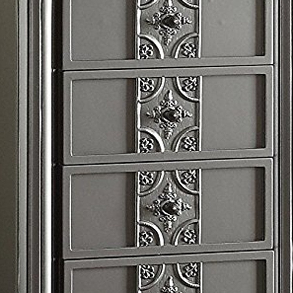 Elegant silver mirror jewelry armoire with five drawers and side hooks, showcasing a stylish design and raised mirror.