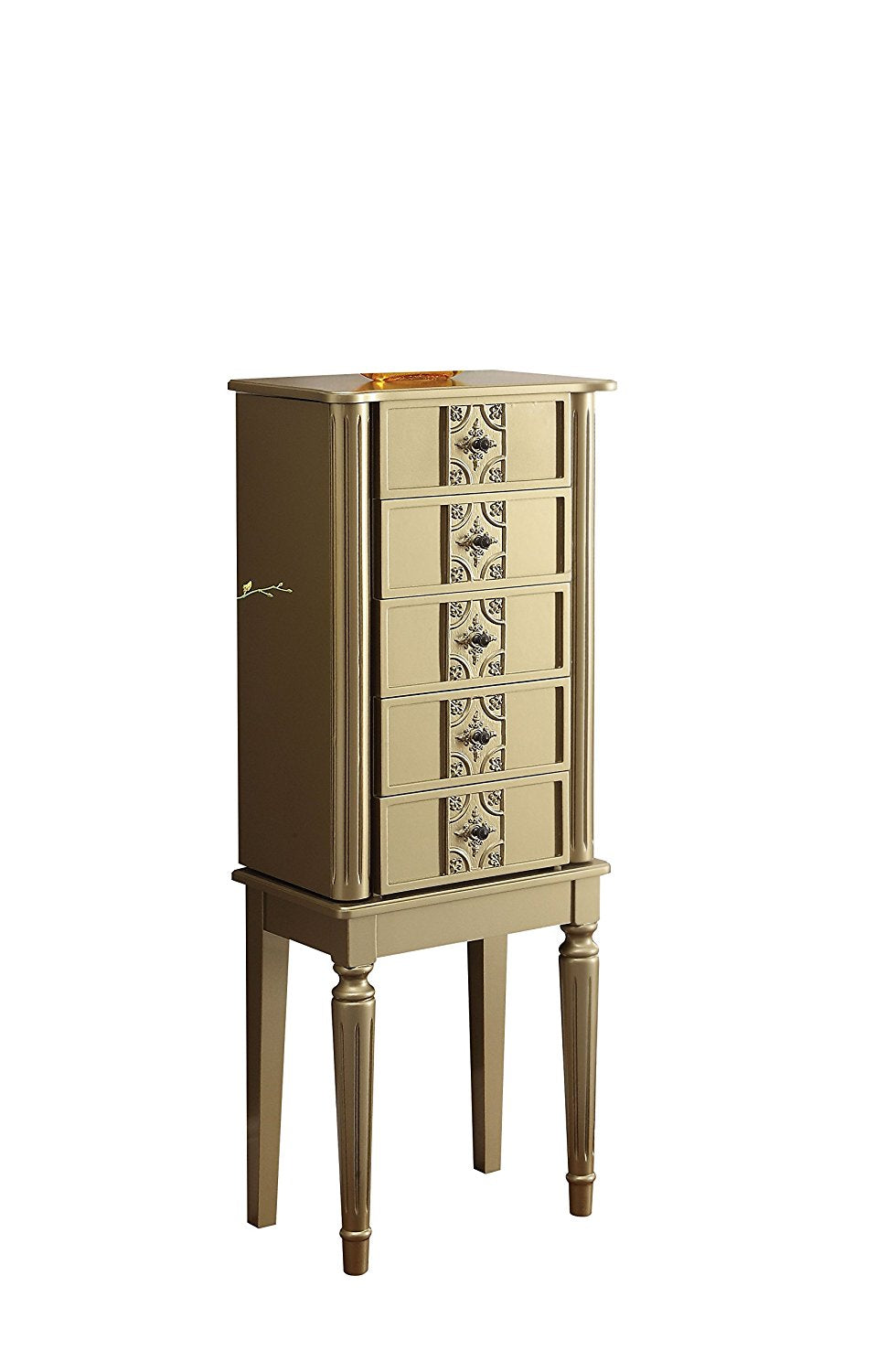 Elegant silver mirror jewelry armoire with five drawers and side hooks, showcasing a stylish design and raised mirror.