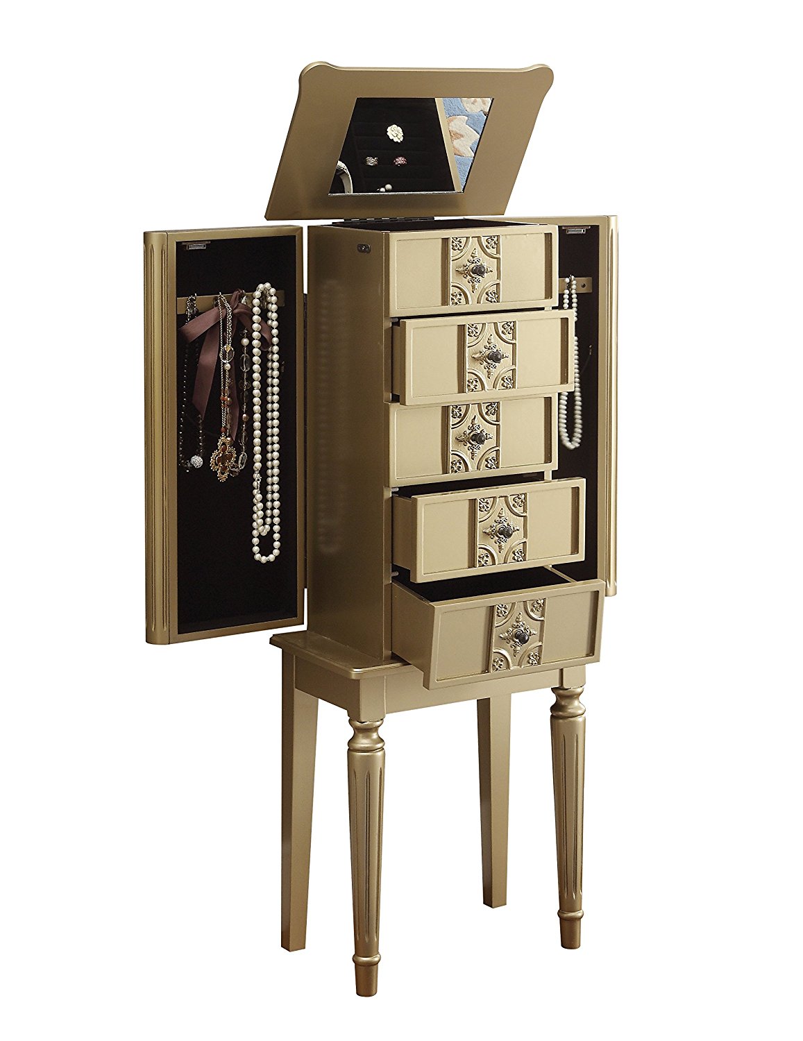 Elegant silver mirror jewelry armoire with five drawers and side hooks, showcasing a stylish design and raised mirror.