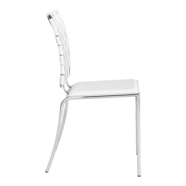 Set of four modern white leatherette dining chairs with chromed steel frames, showcasing a sleek design and sturdy construction.