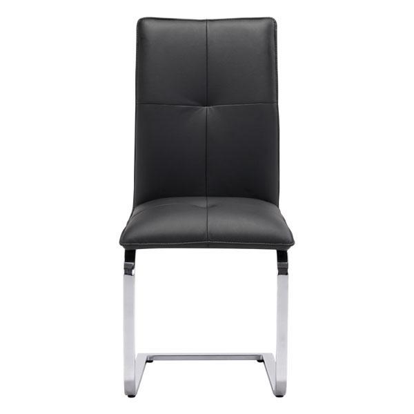 Two modern black leatherette dining chairs with chromed steel frames, featuring plush cushioning and a sleek design, perfect for any dining area.