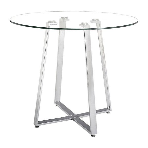 Two elegant gold criss-cross tables with clear tempered glass tops and chrome steel bases, showcasing modern design.