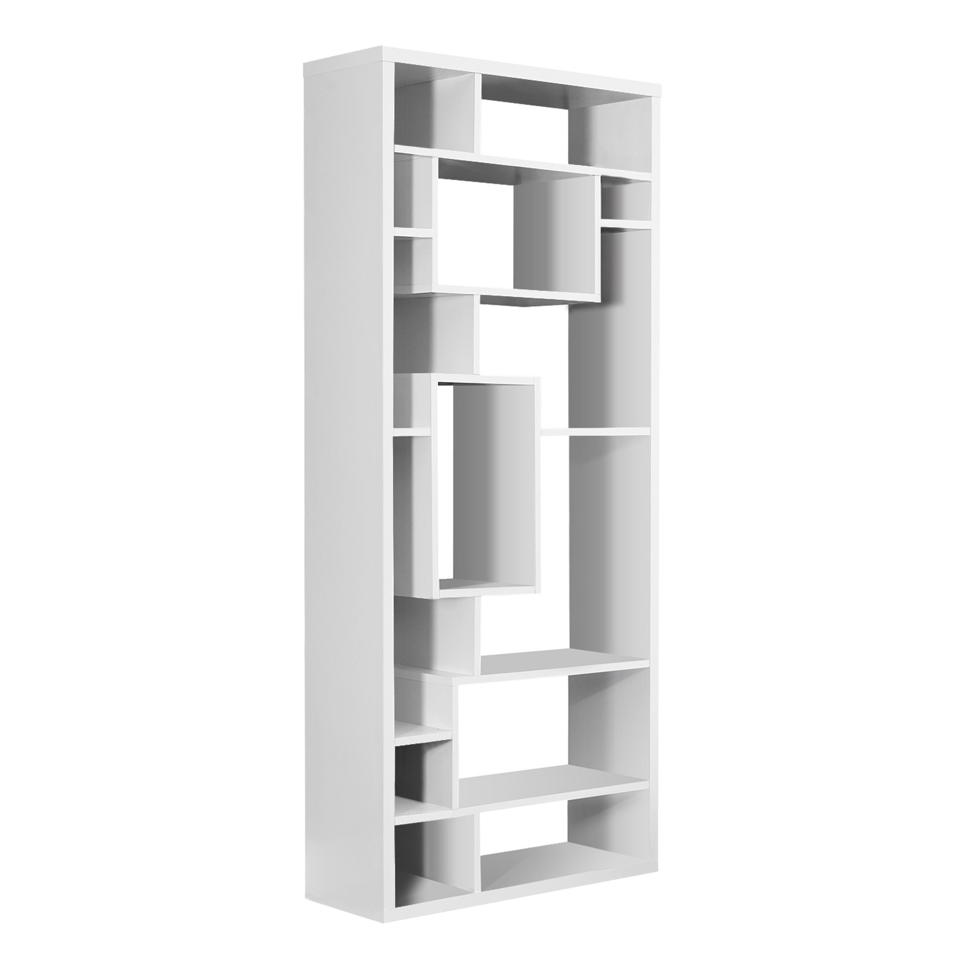 A stylish white particle board bookcase with 14 asymmetrical shelves, designed for modern living spaces.