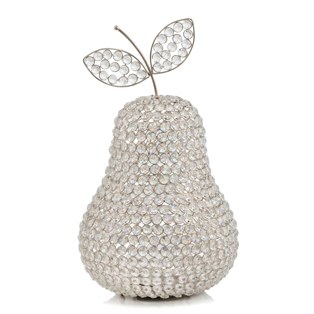 A stunning 17.5-inch jumbo faux crystal silver pear sculpture with sparkling facets, elegantly displayed on a tabletop.