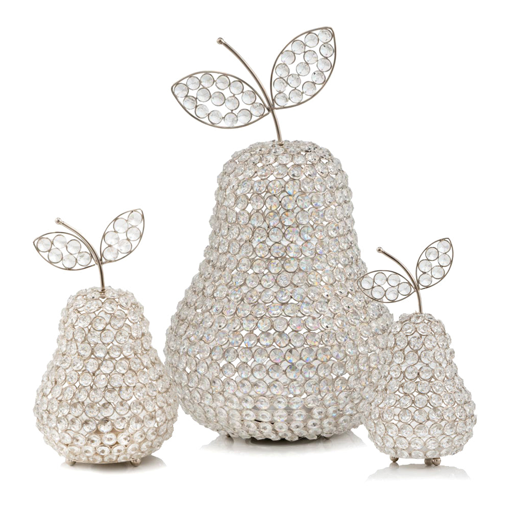 A stunning 17.5-inch jumbo faux crystal silver pear sculpture with sparkling facets, elegantly displayed on a tabletop.