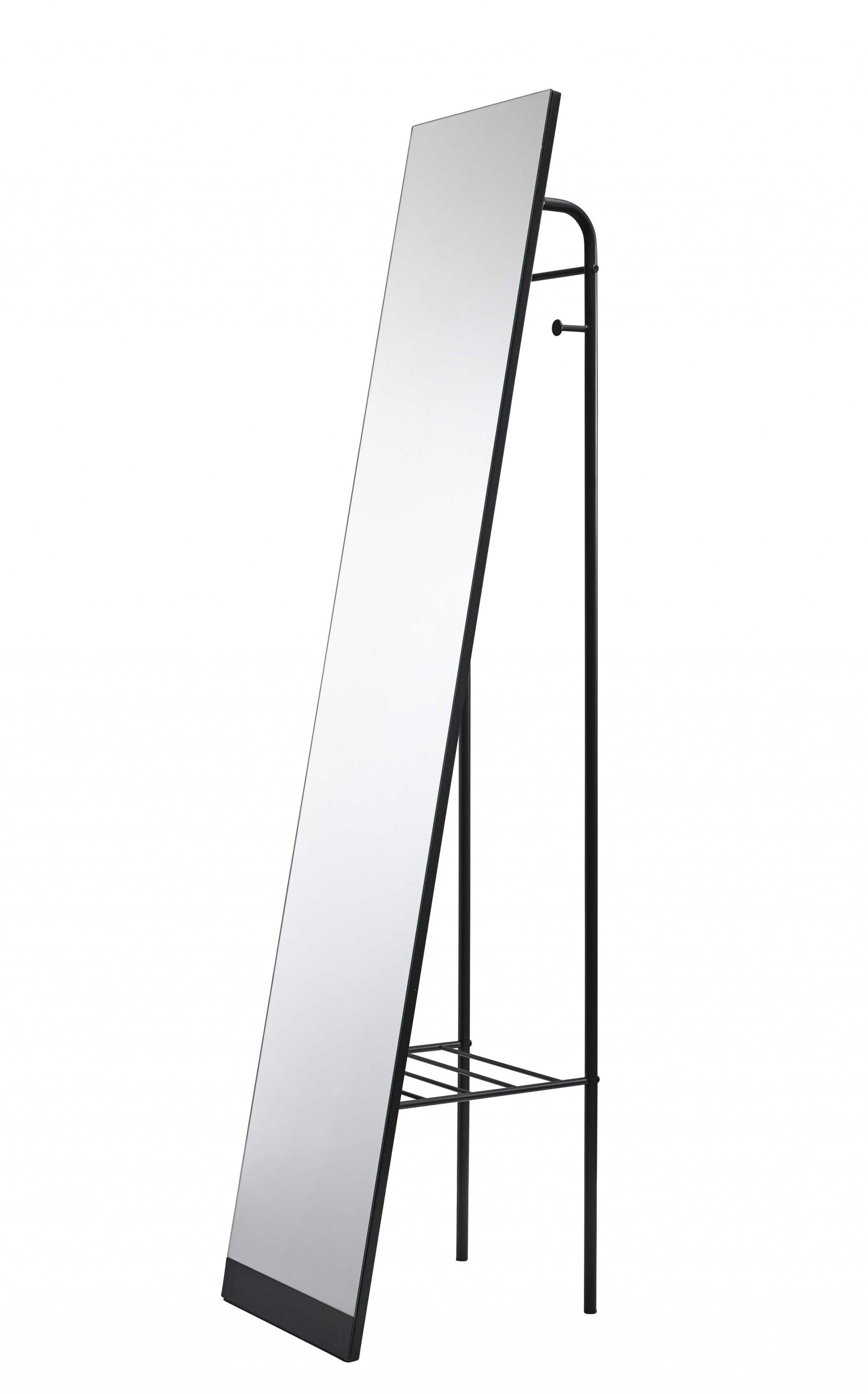 A sleek black floor mirror measuring 58 inches tall with a matte finish, featuring two coat hooks and a metal wire shelf for storage.