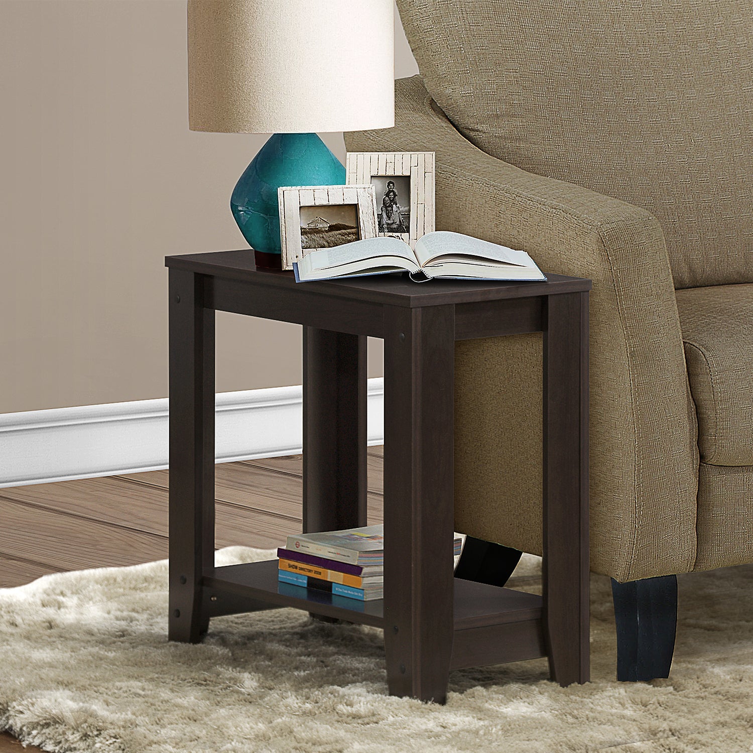 Stylish grey particle board laminate accent table measuring 11.75x23.75x22 inches, perfect for home decor.