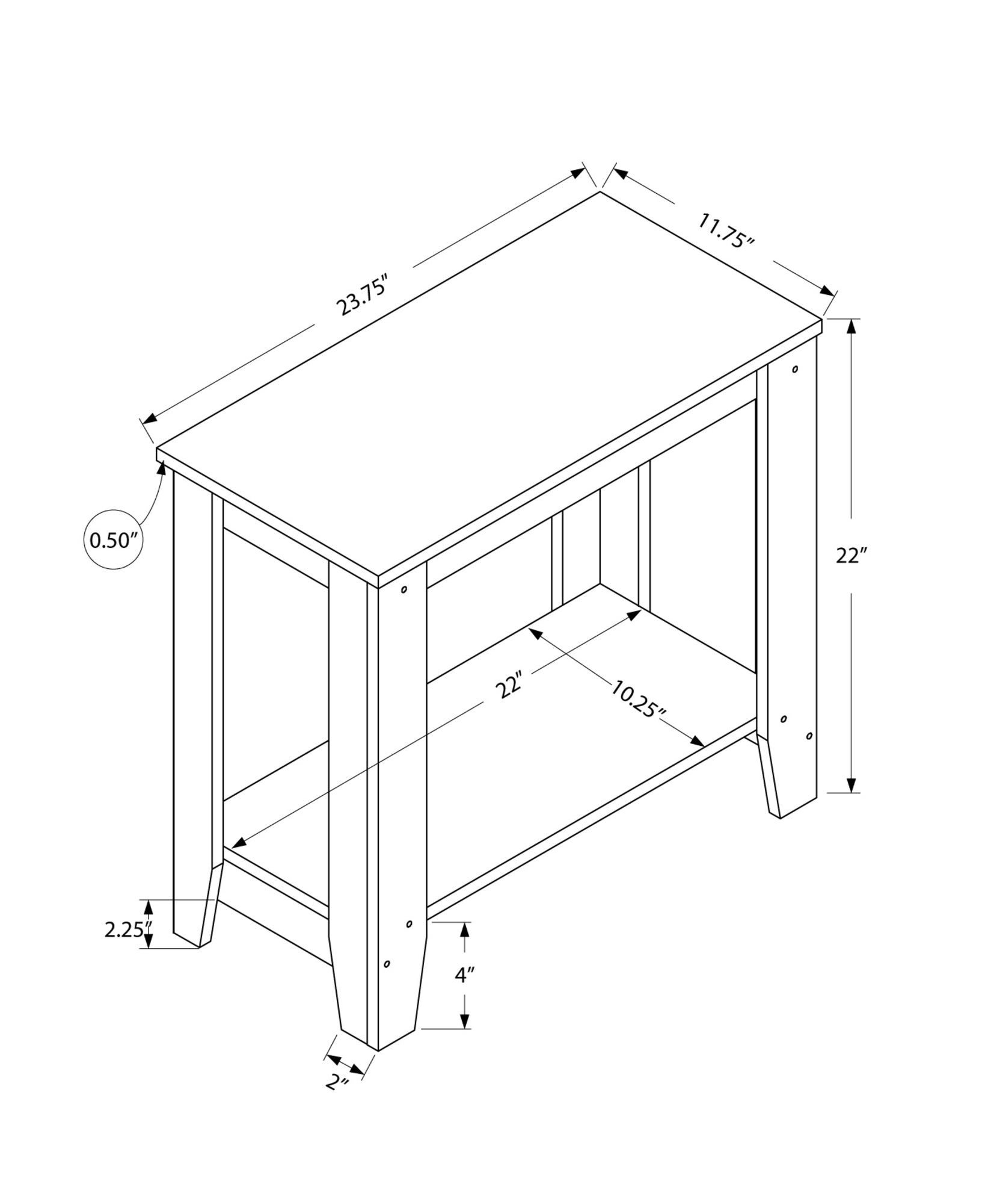 Stylish grey particle board laminate accent table measuring 11.75x23.75x22 inches, perfect for home decor.