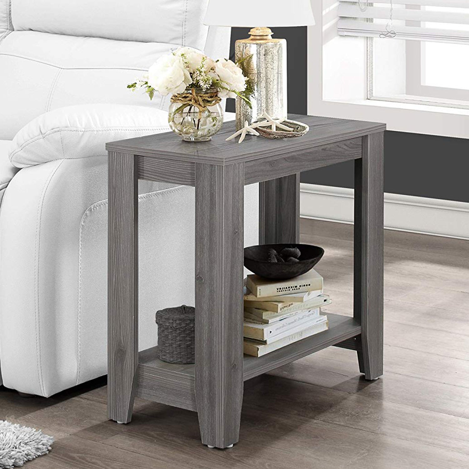 Stylish grey particle board laminate accent table measuring 11.75x23.75x22 inches, perfect for home decor.