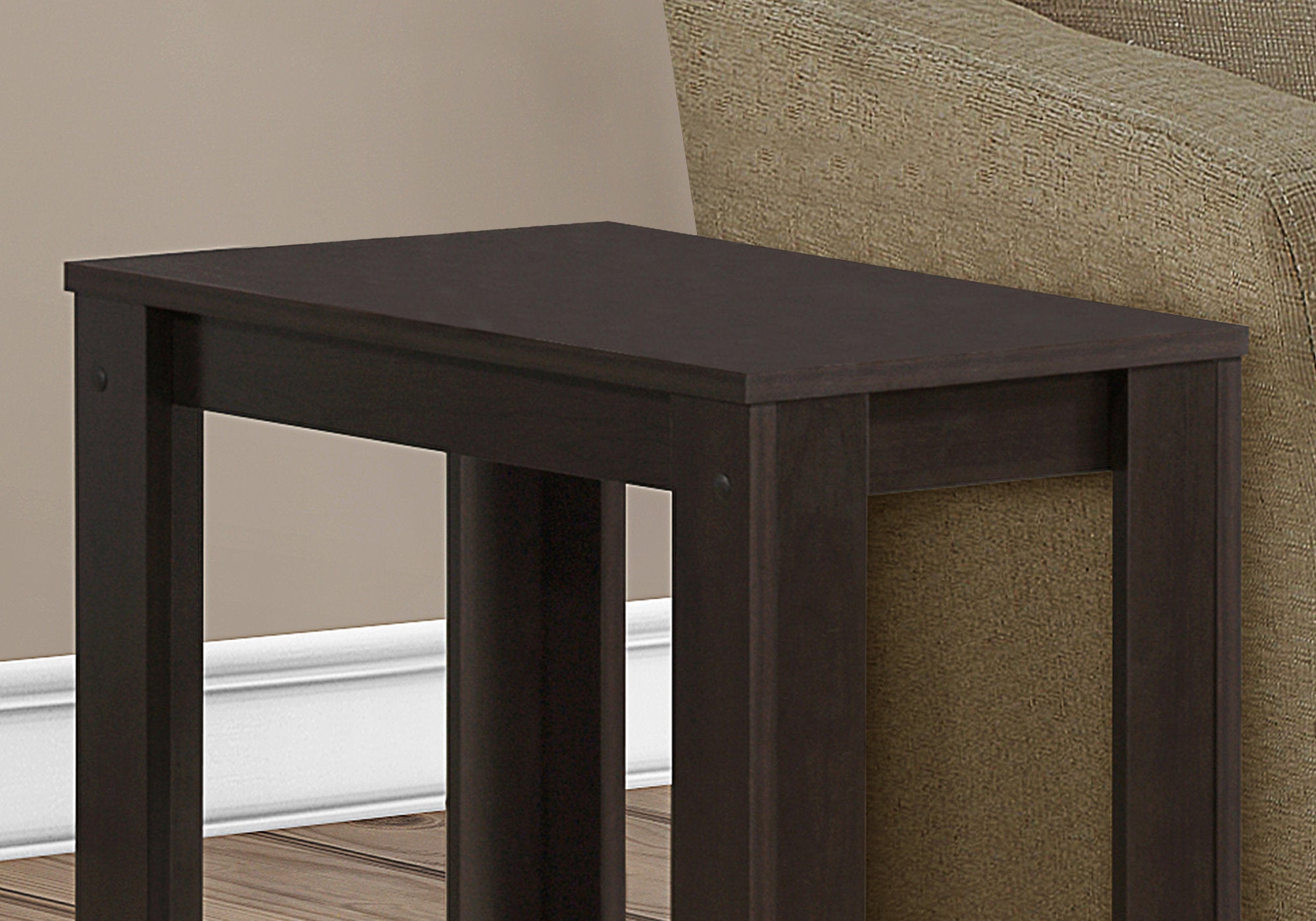 Stylish grey particle board laminate accent table measuring 11.75x23.75x22 inches, perfect for home decor.