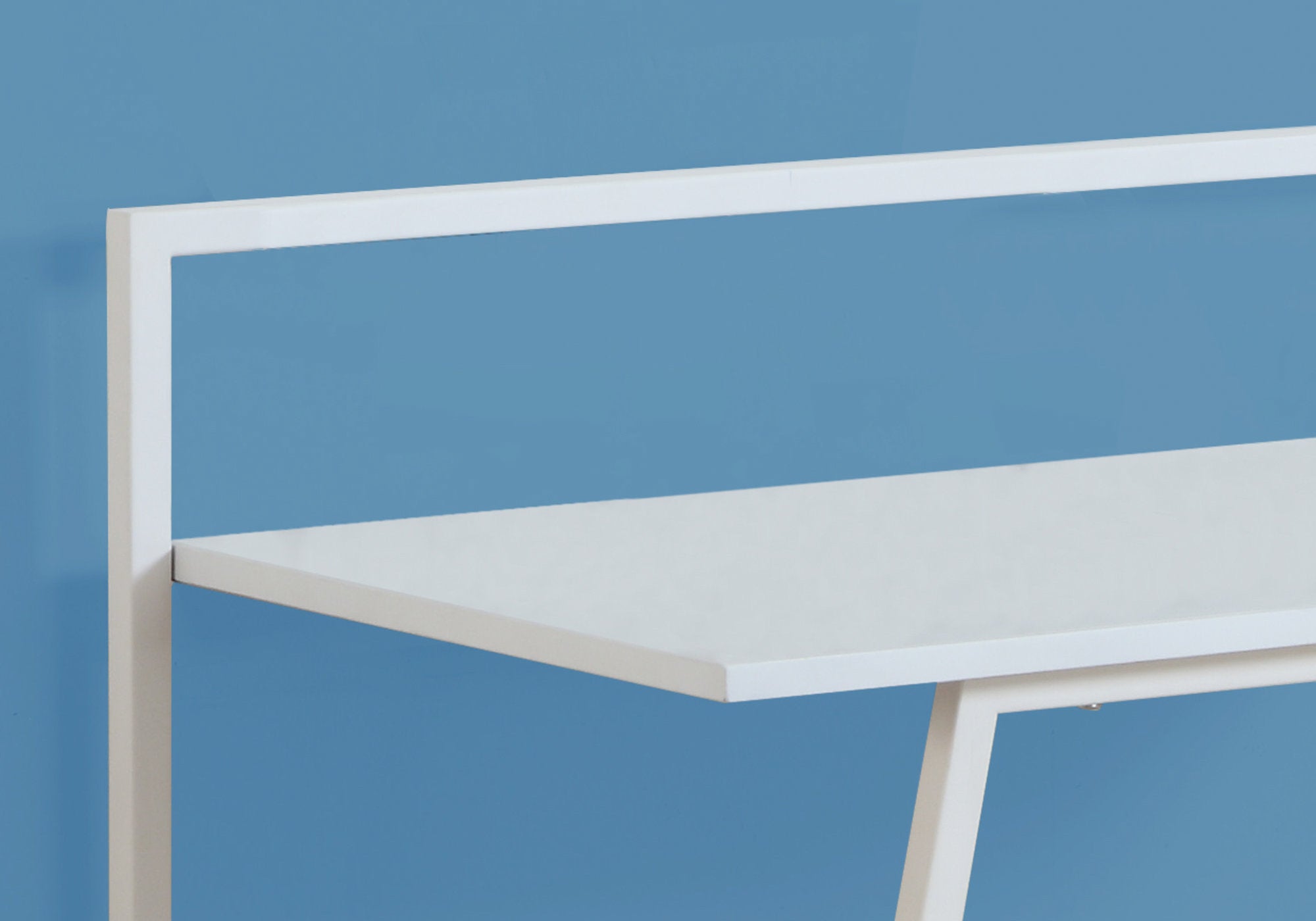 A modern white MDF metal computer desk with a glossy finish, featuring a rectangular shape and clean lines, perfect for home or office use.