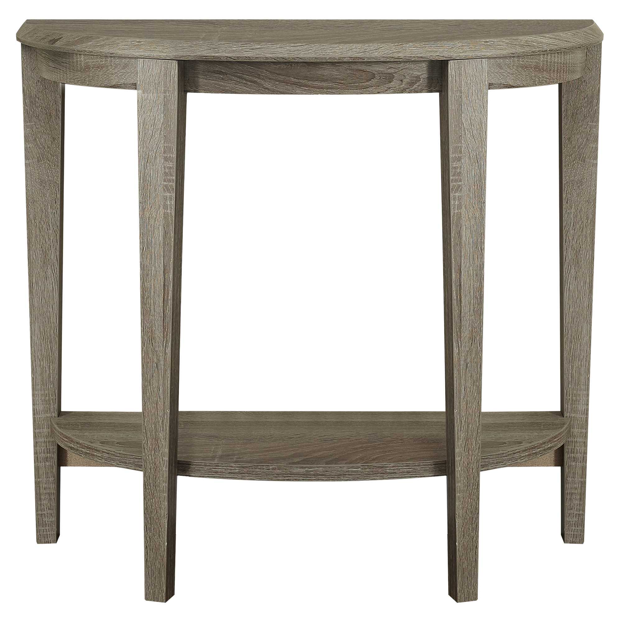 Dark taupe finish accent table with curved half-moon shape and tapered legs, perfect for living spaces.