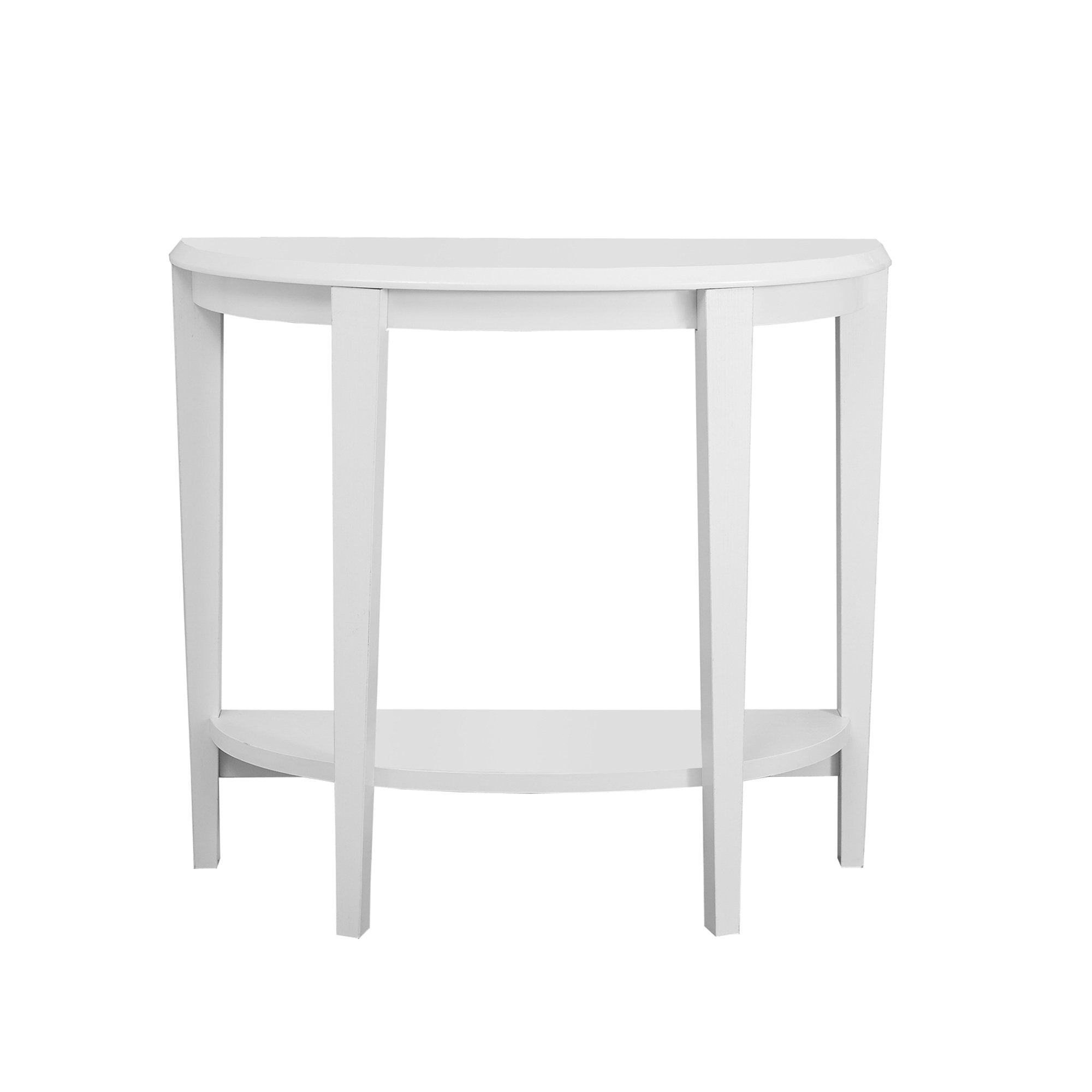 A stylish white finish accent table with a curved half-moon shape and tapered legs, perfect for enhancing living spaces.