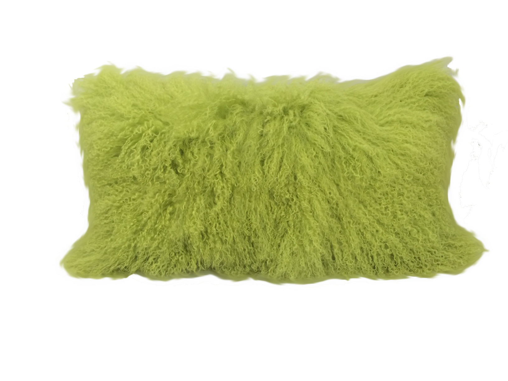 A vibrant 17-inch lime green pillow made from genuine Tibetan lamb fur with a soft microsuede backing, perfect for home decor.