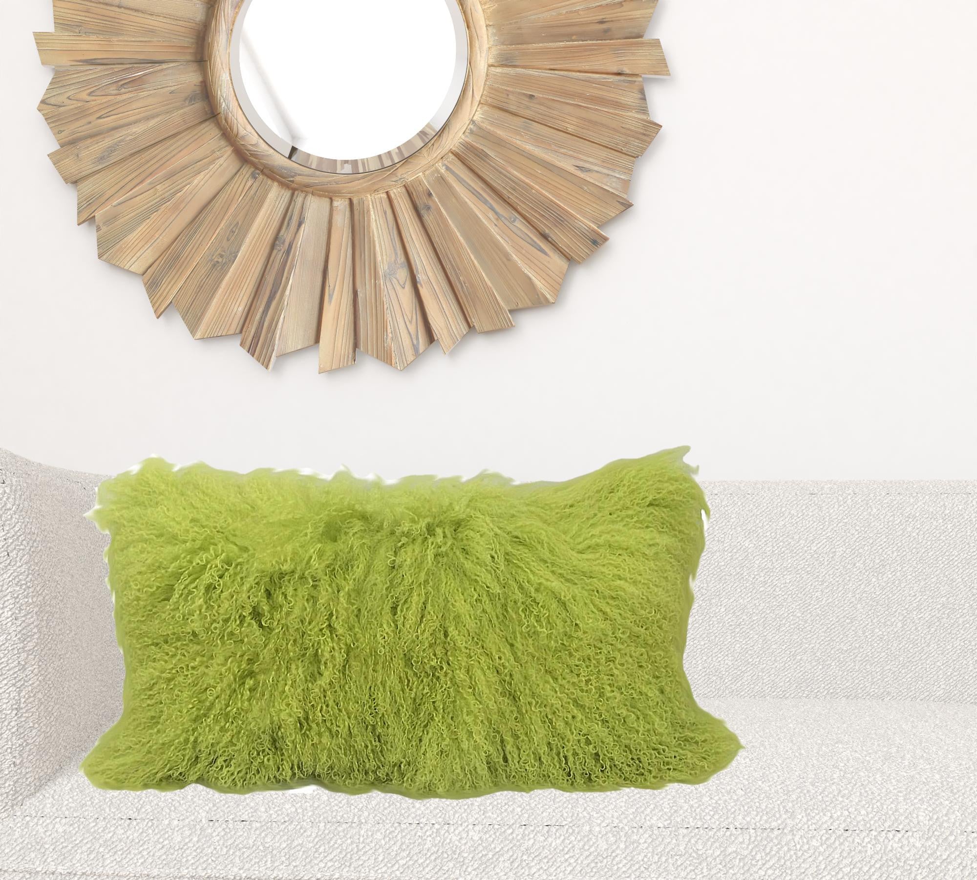 A vibrant 17-inch lime green pillow made from genuine Tibetan lamb fur with a soft microsuede backing, perfect for home decor.