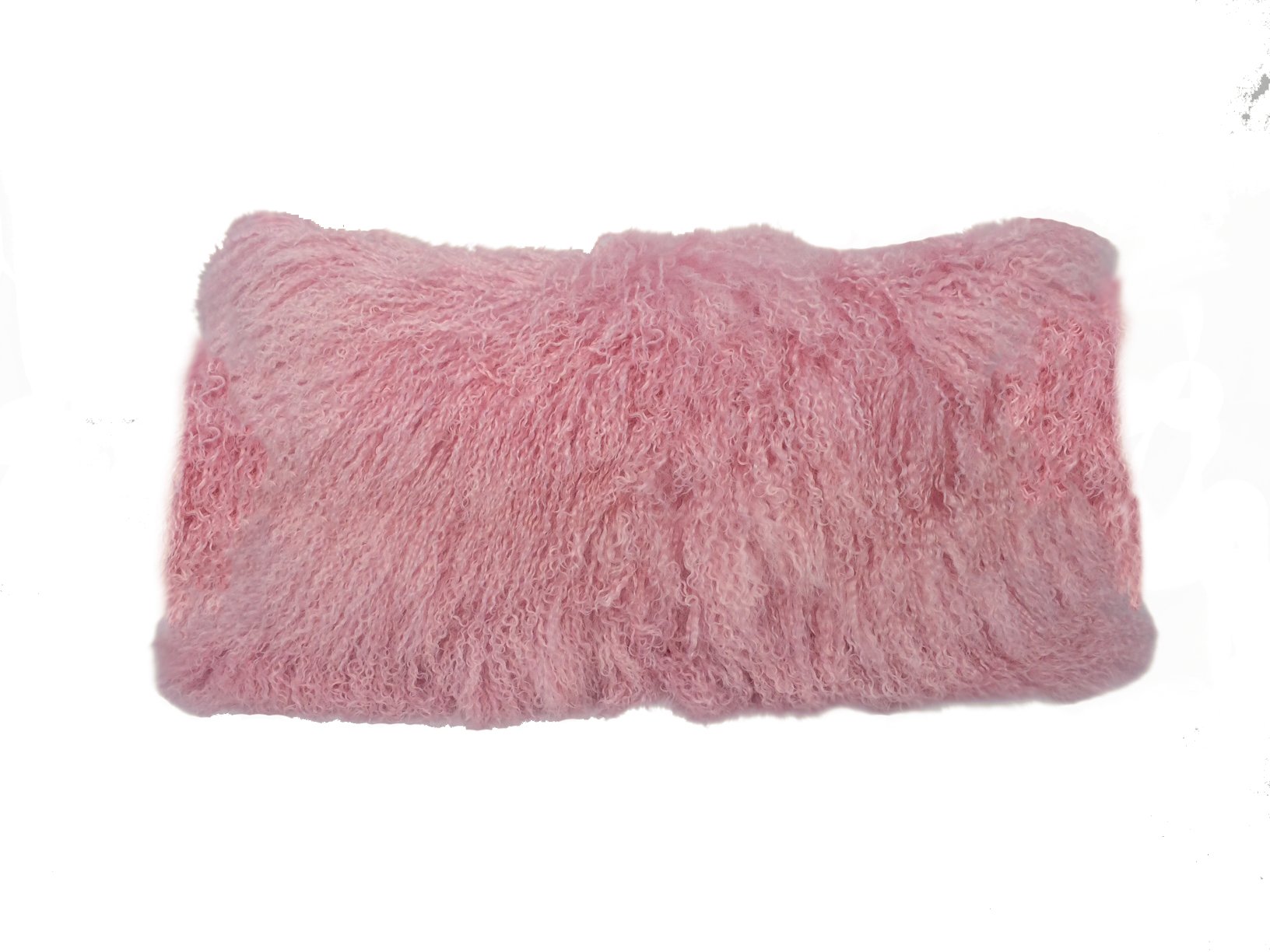 A luxurious 17-inch pink genuine Tibetan lamb fur pillow with a soft microsuede backing, showcasing its plush texture and elegant design.