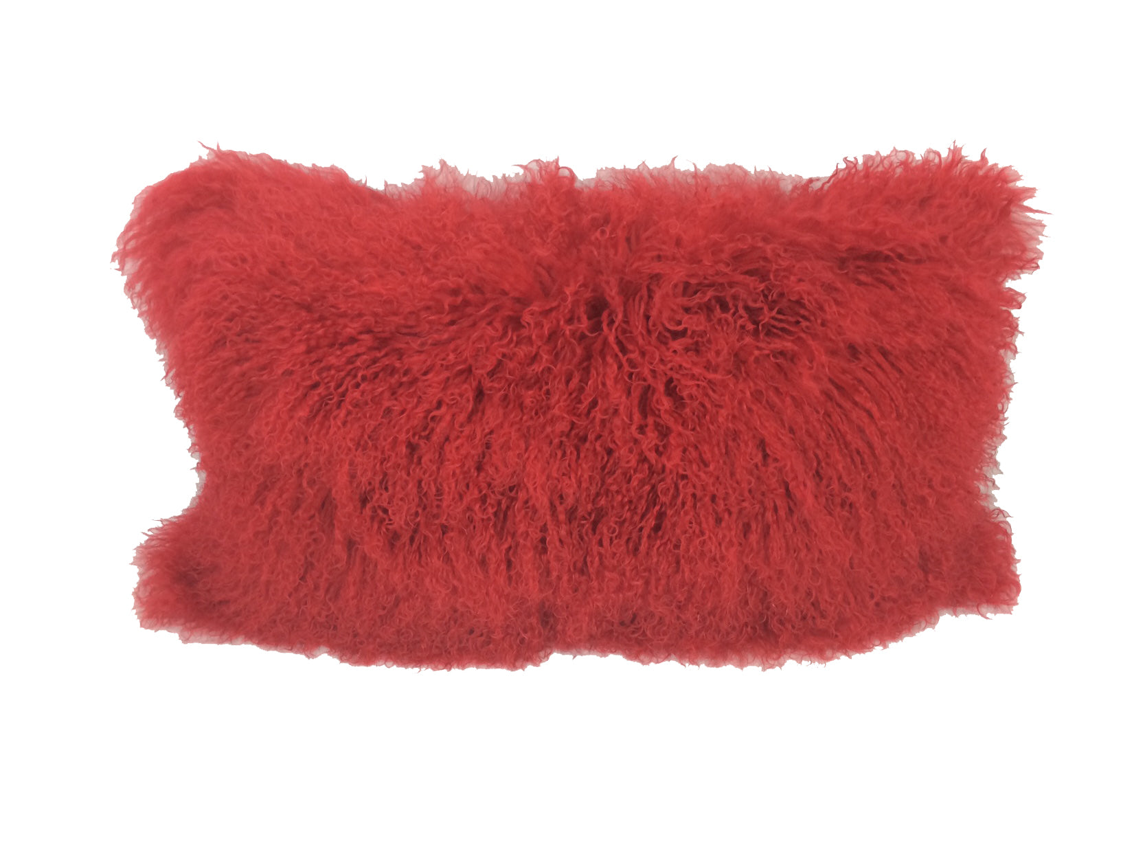 17-inch red genuine Tibetan lamb fur pillow with soft microsuede backing, showcasing luxurious texture and vibrant color.