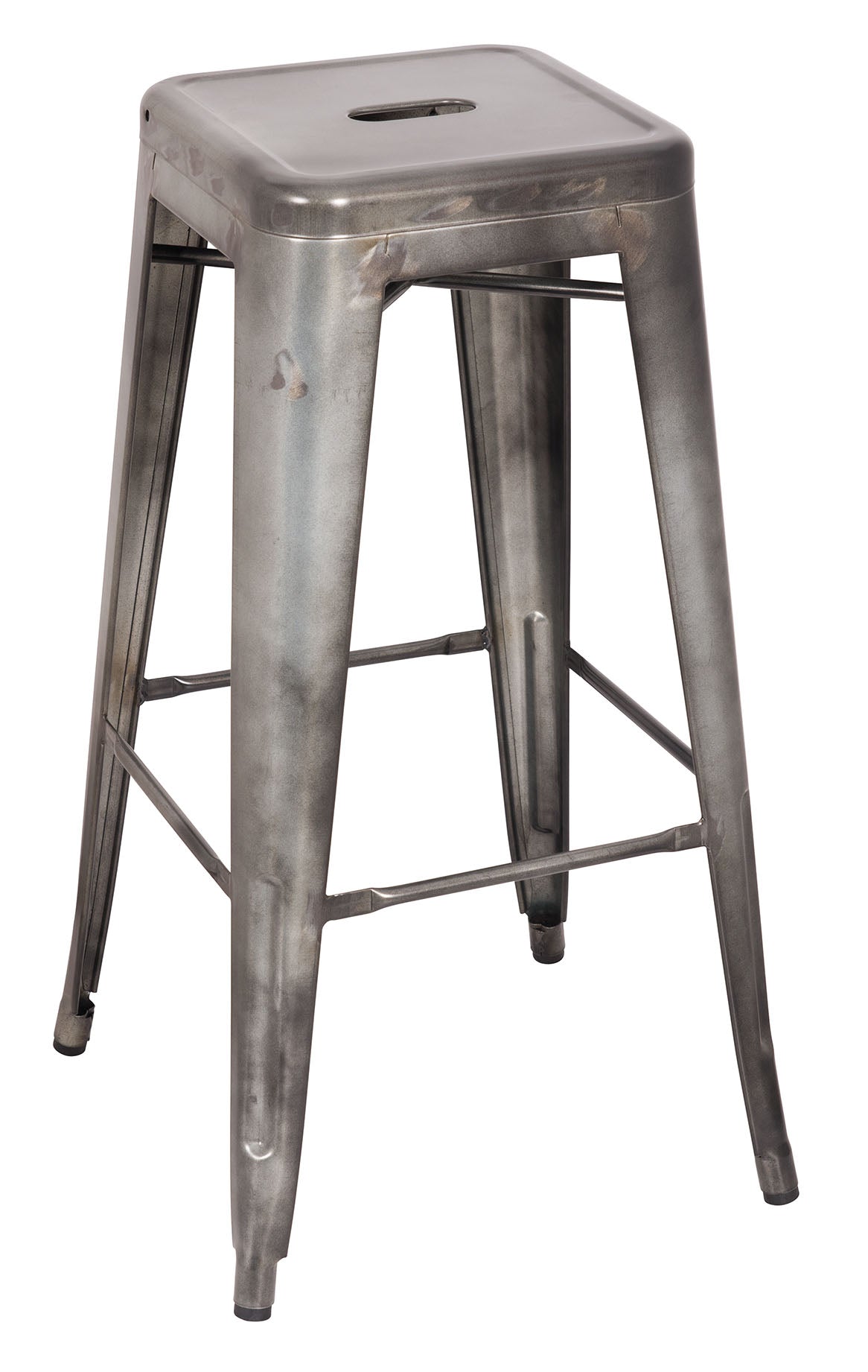 Two antique silver steel bar stools with a metal seat and sturdy legs, perfect for dining or bar areas.