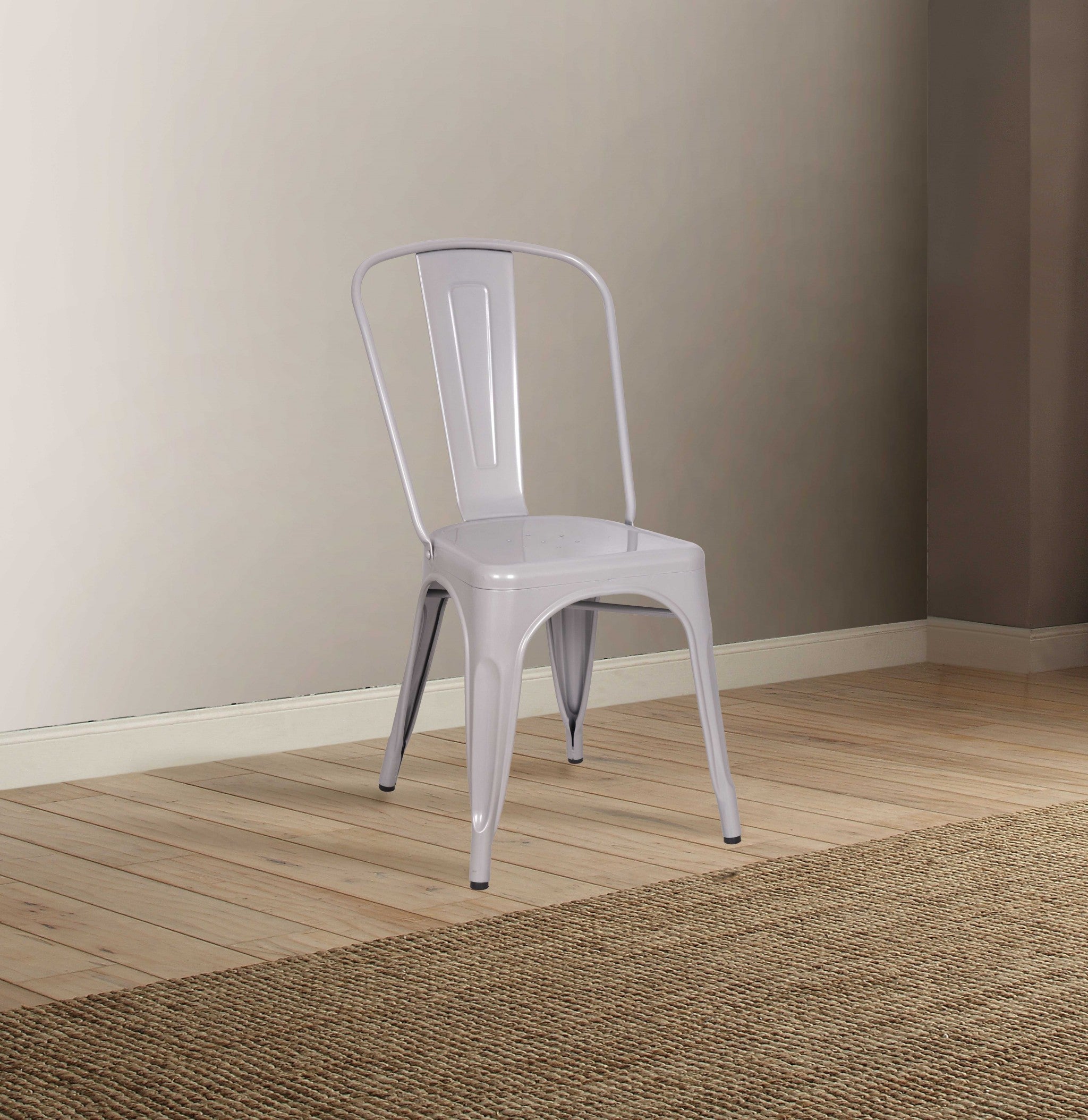 Set of two silver metal side chairs with rustic design, perfect for dining or casual settings.