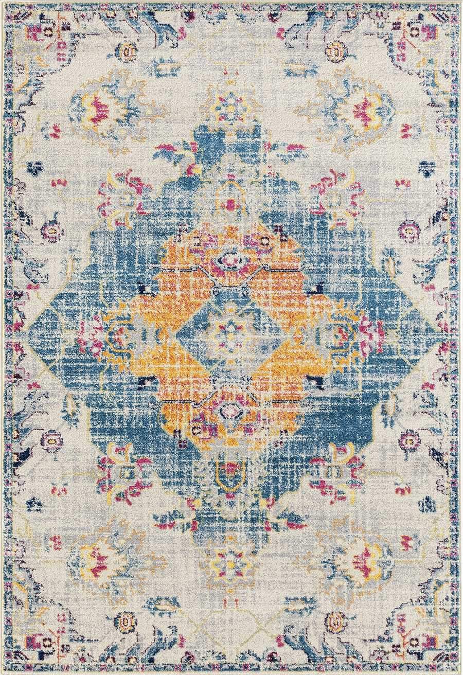 A large 118" x 158" BlueOlefin Frieze Rug featuring a central medallion design in rich sky blue, royal blue, and golden yellow tones.