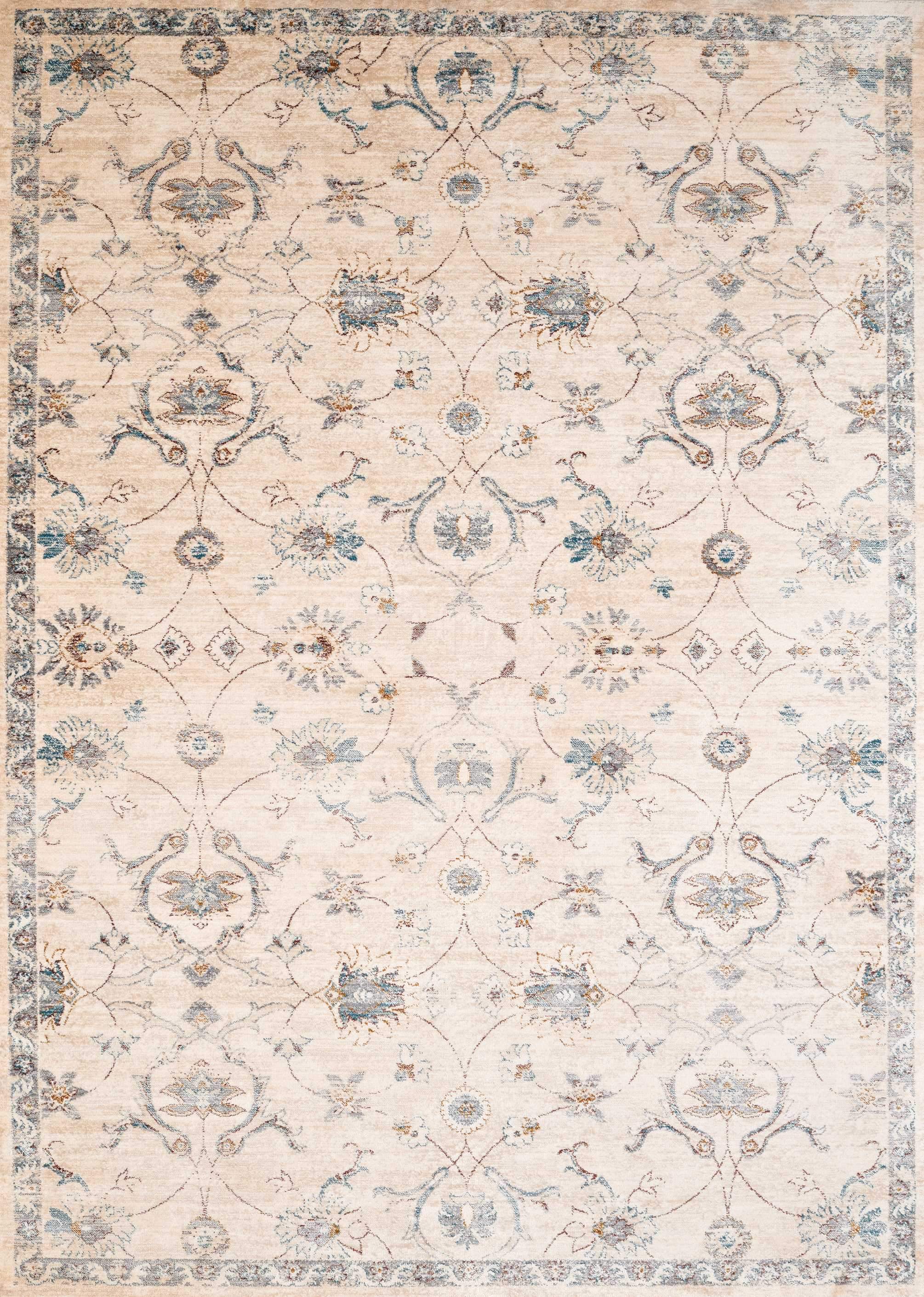 Luxurious 118" x 158" Bone Polyester Rug with cream and blue accents, showcasing elegance and durability.