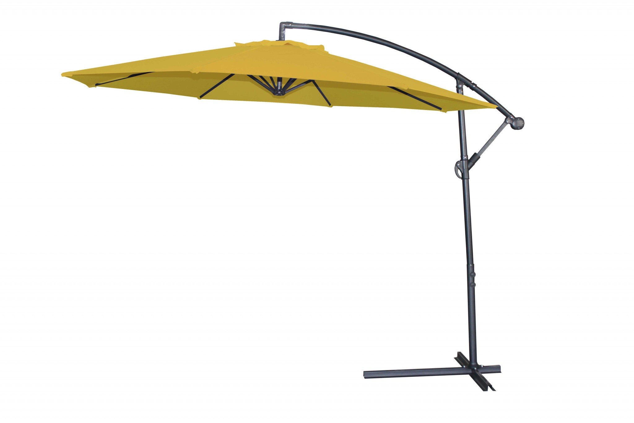 A vibrant yellow steel standing umbrella, measuring 118" X 118" X 97", showcasing contemporary design and high-grade iron construction.