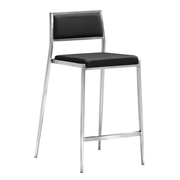 Elegant black leatherette counter chair with stainless steel base, dimensions 18x20x36 inches.