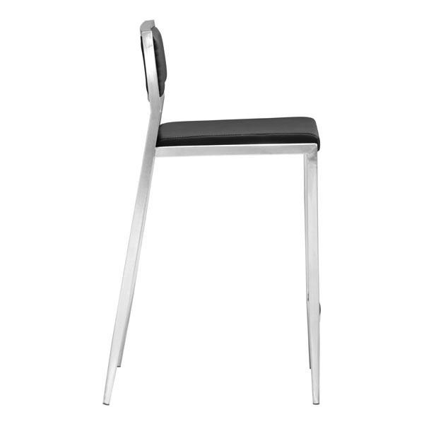 Elegant black leatherette counter chair with stainless steel base, dimensions 18x20x36 inches.